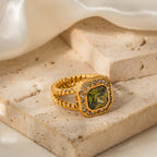 18K Gold Retro Green CZ Ring, Vintage Halo Ring, Twist Split Ring