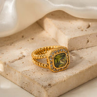 18K Gold Retro Green CZ Ring, Vintage Halo Ring, Twist Split Ring