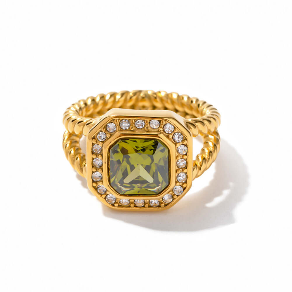 18K Gold Retro Green CZ Ring, Vintage Halo Ring, Twist Split Ring