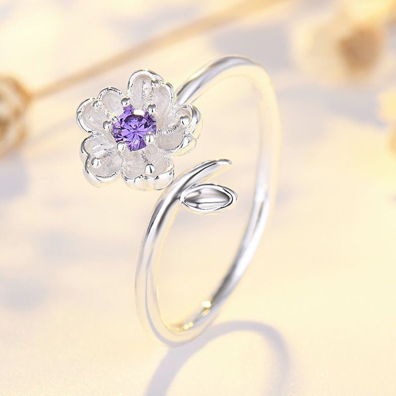 Cherry Blossom Silver Ring, White Flower Ring