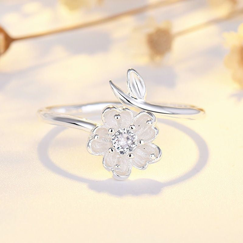 Cherry Blossom Silver Ring, White Flower Ring