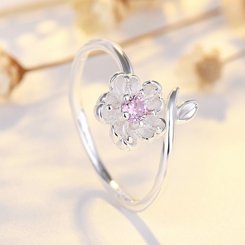 Cherry Blossom Silver Ring, White Flower Ring