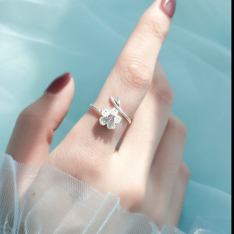 Cherry Blossom Silver Ring, White Flower Ring