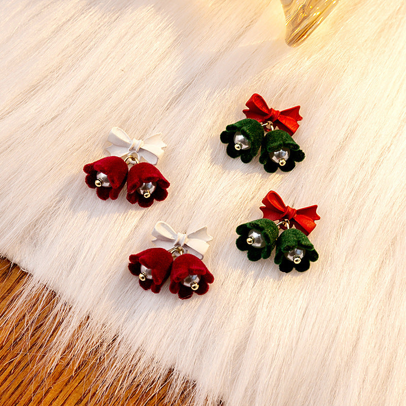 Velvet Jingle Bell Earrings, Holiday Jewelry, Cute Christmas Stud Earrings