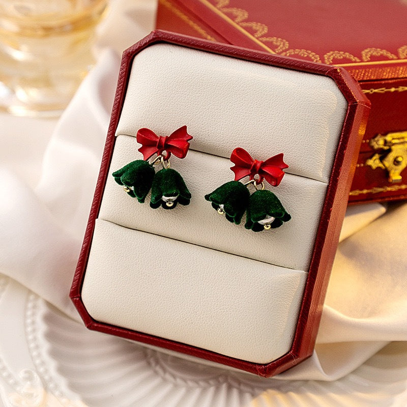 Velvet Jingle Bell Earrings, Holiday Jewelry, Cute Christmas Stud Earrings