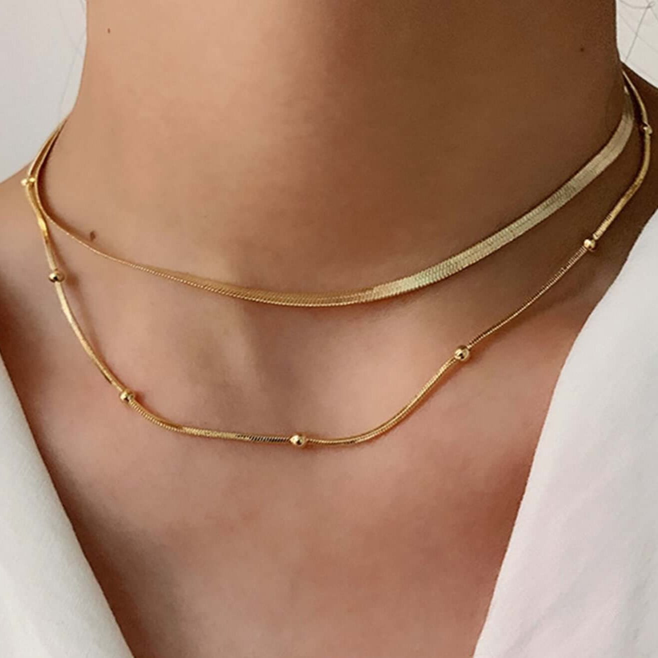 Kailey Layering Gold Chain Necklace, Gold Bead Choker Necklace, Chain Choker