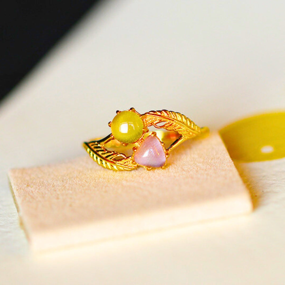 Amethyst Citrine Leaf Vine Two Stone Ring