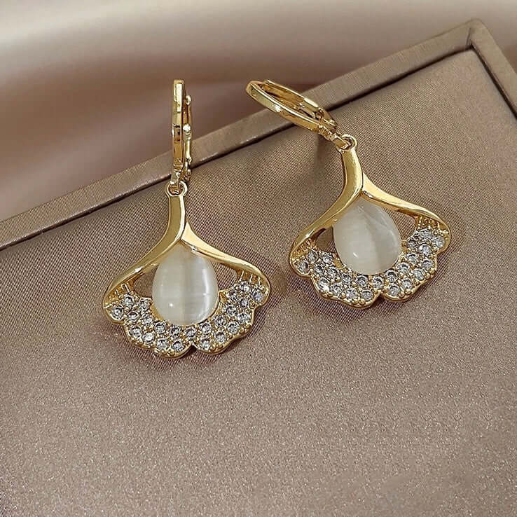 14K Gold Plated Ginkgo Leaf Huggie Earrings with Dangle Pearl