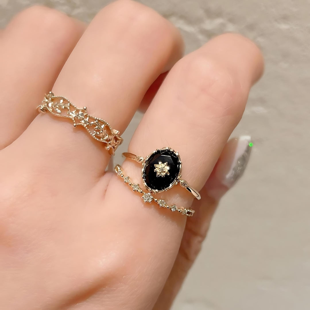 Vintage Black Agate Celestial Ring and Pendant Set