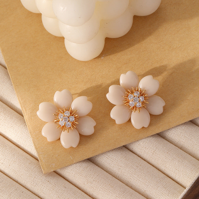 Luxury Beige Flower CZ Earrings