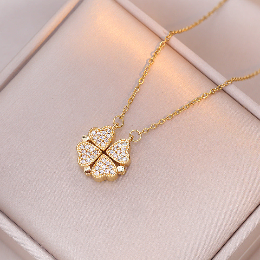 Magnetic CZ Heart Clover Necklace