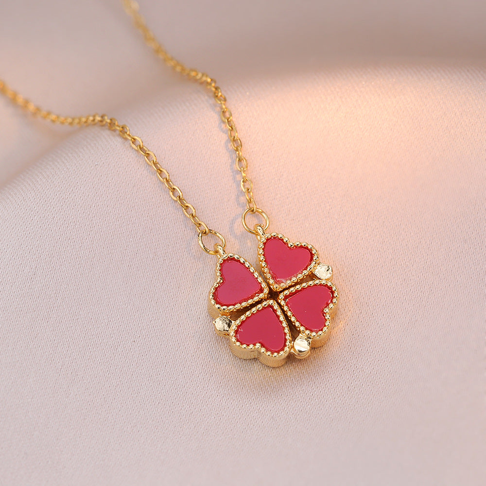 Magnetic Red Heart Clover Necklace