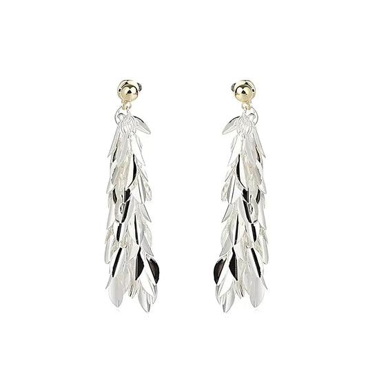 Chic Silver leaf-shaped earrings on a white background