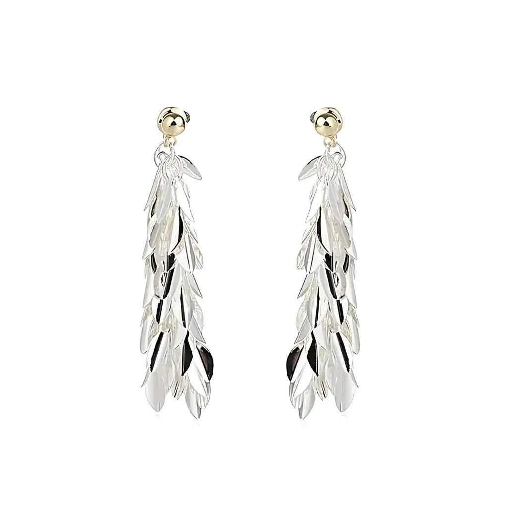 Chic Silver leaf-shaped earrings on a white background