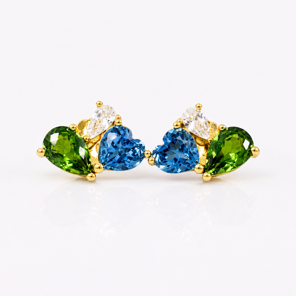 Multi Stone Diopside Heart Stud Earrings
