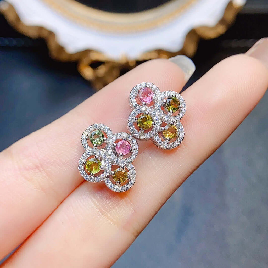 Multicolor Gemstone Flower Stud Earrings
