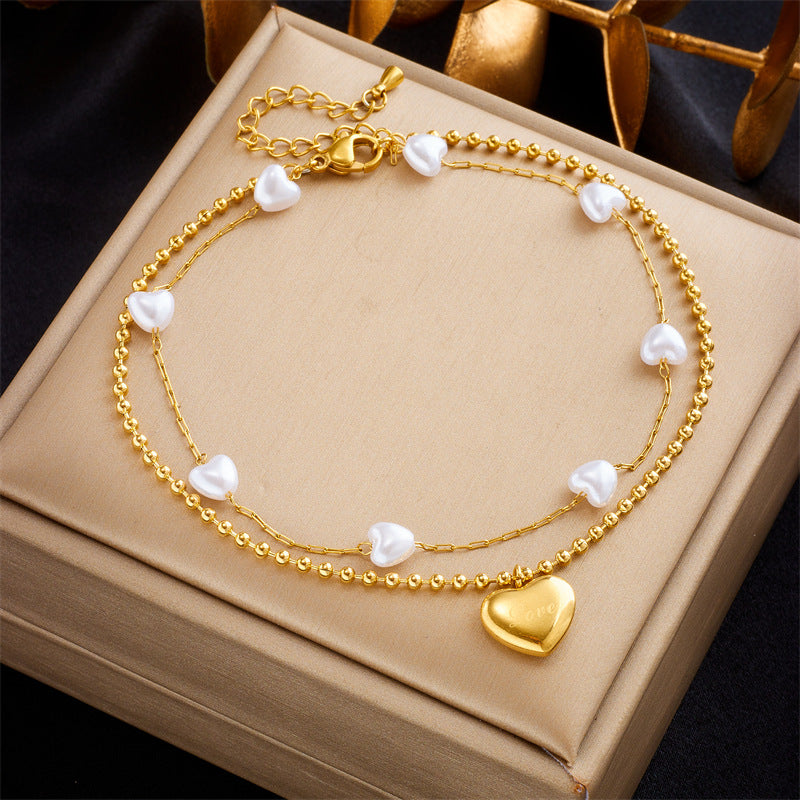 Layered Gold Heart Anklet Chain with Pearl Bead