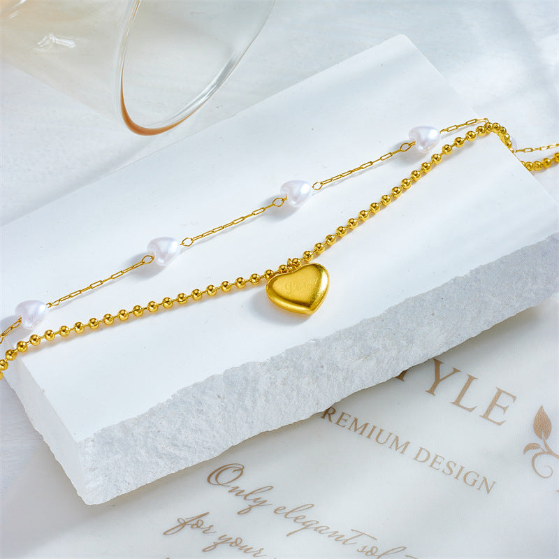 Layered Gold Heart Anklet Chain with Pearl Bead