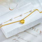 Layered Gold Heart Anklet Chain with Pearl Bead