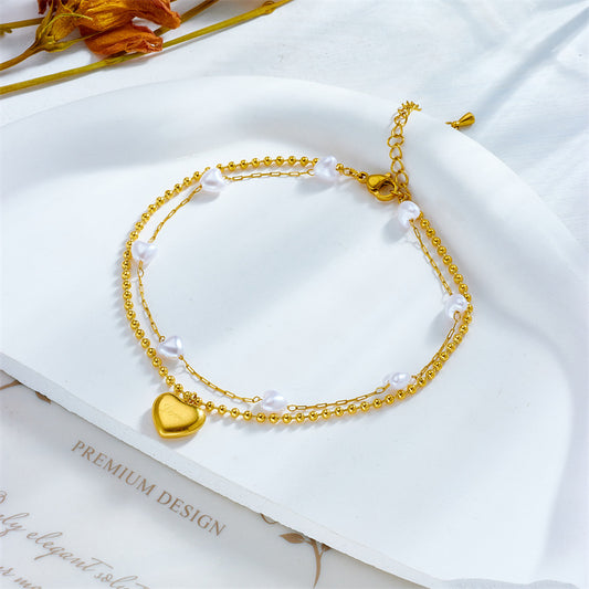 Fashion Layered Gold Heart Pendant Anklet Chain with Pearl Bead | NL640