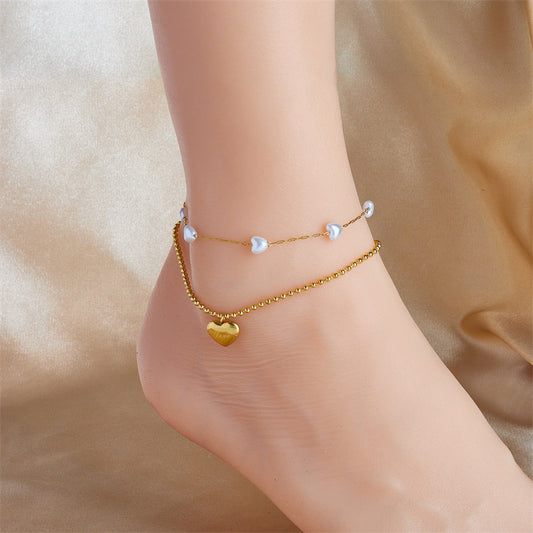 Fashion Layered Gold Heart Pendant Anklet Chain with Pearl Bead | NL640