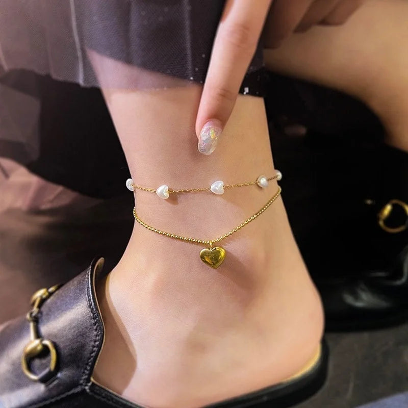 Layered Gold Heart Anklet Chain with Pearl Bead