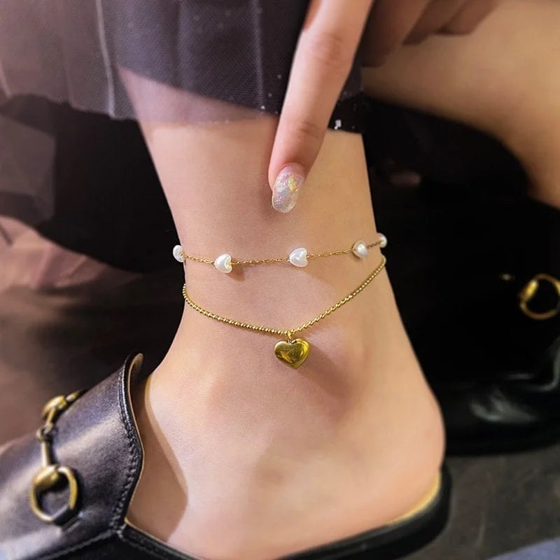 Fashion Gold Heart Pendant Anklet Chain with Pearl Bead | NL640