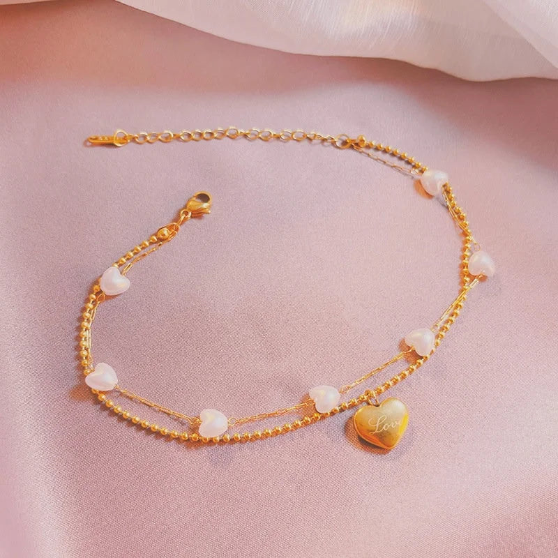 Layered Gold Heart Anklet Chain with Pearl Bead