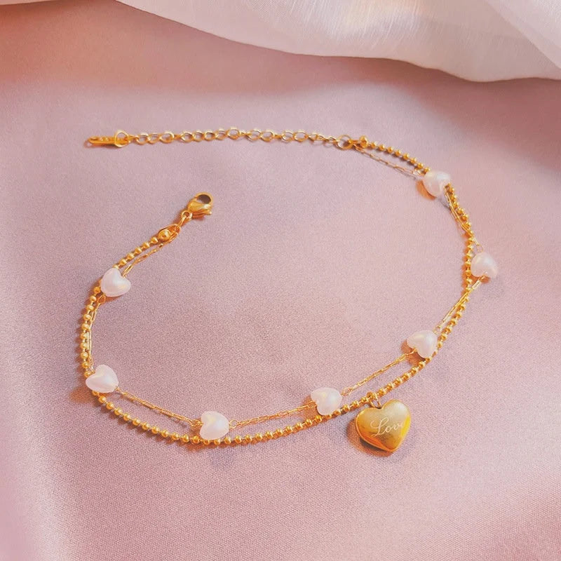 Fashion Gold Heart Pendant Anklet Chain with Pearl Bead | NL640