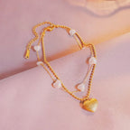 Layered Gold Heart Anklet Chain with Pearl Bead
