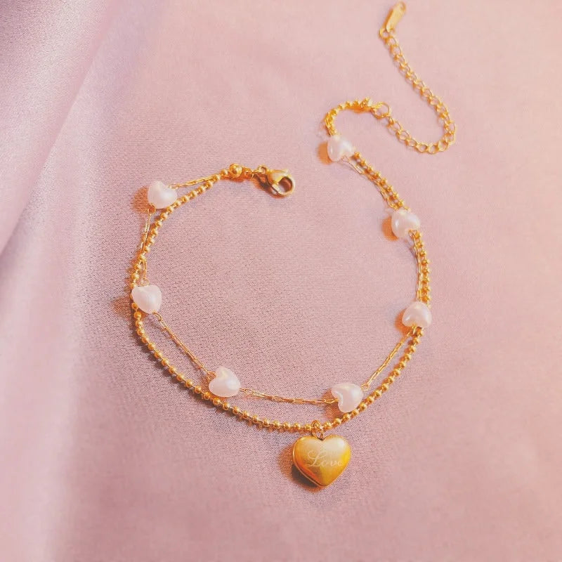 Fashion Gold Heart Pendant Anklet Chain with Pearl Bead | NL640