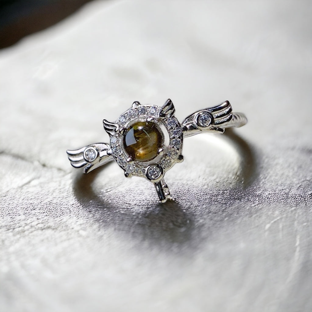 18K Gold Cute Angel Wings Black Star Sapphire Ring  | NS2407