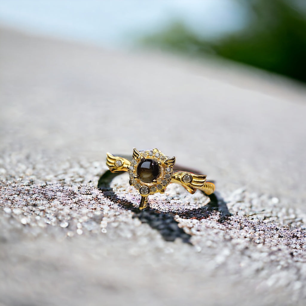 18K Gold Cute Angel Wings Black Star Sapphire Ring  | NS2407