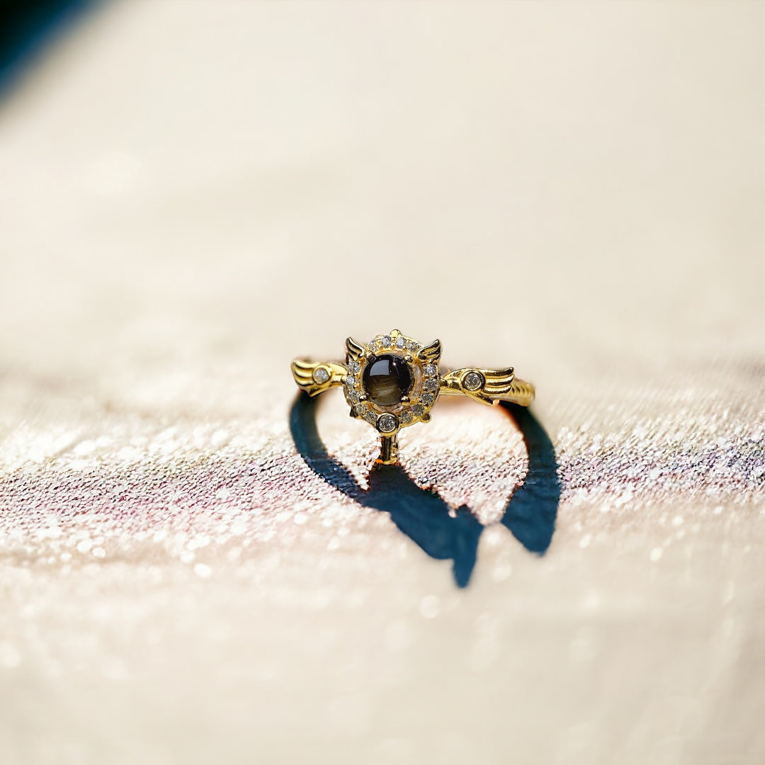 18K Gold Cute Angel Wings Black Star Sapphire Ring  | NS2407