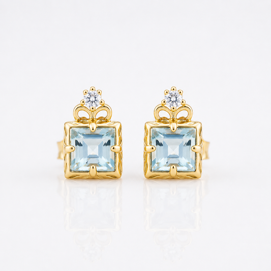 Natural Aquamarine Square Stud Earrings