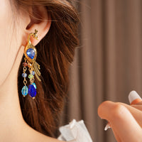 Vintage Blue Peacock Tassel Statement Earring