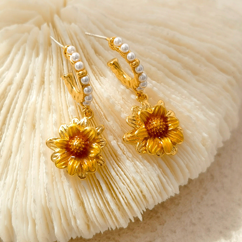 Dainty Sunflower C Hoop Pearl Dangle Earrings