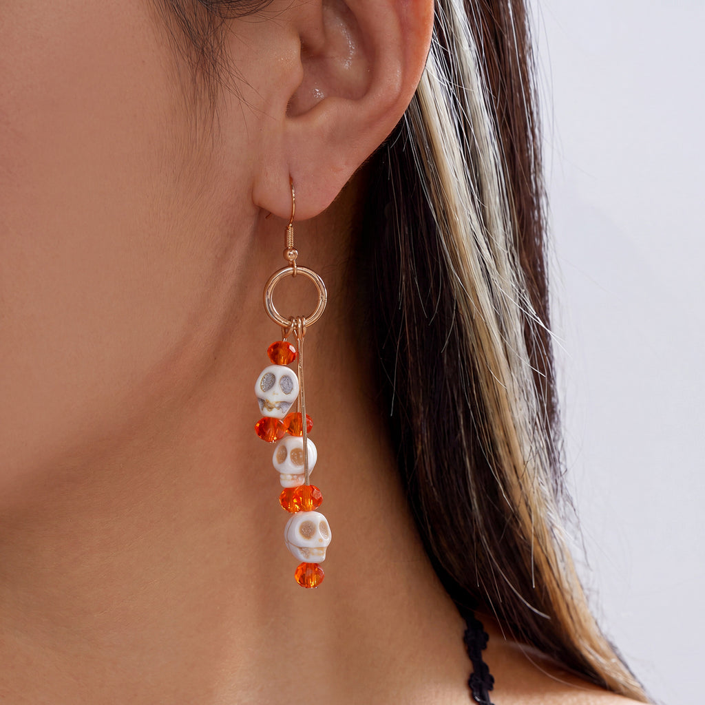 Pumpkin Spell Skull Beaded Drop Earrings
