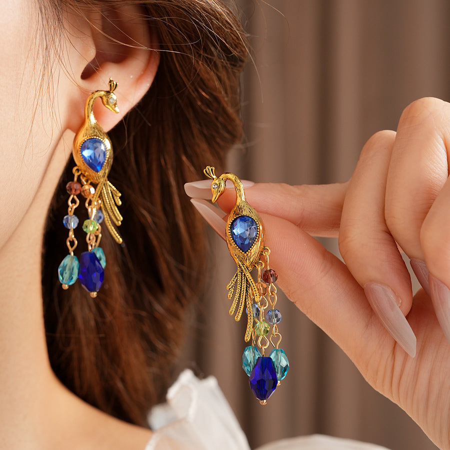 Vintage Blue Peacock Tassel Statement Earring