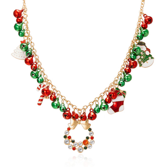 Santa Xmas Jingle Bell Red Green Pendant Holiday Necklace