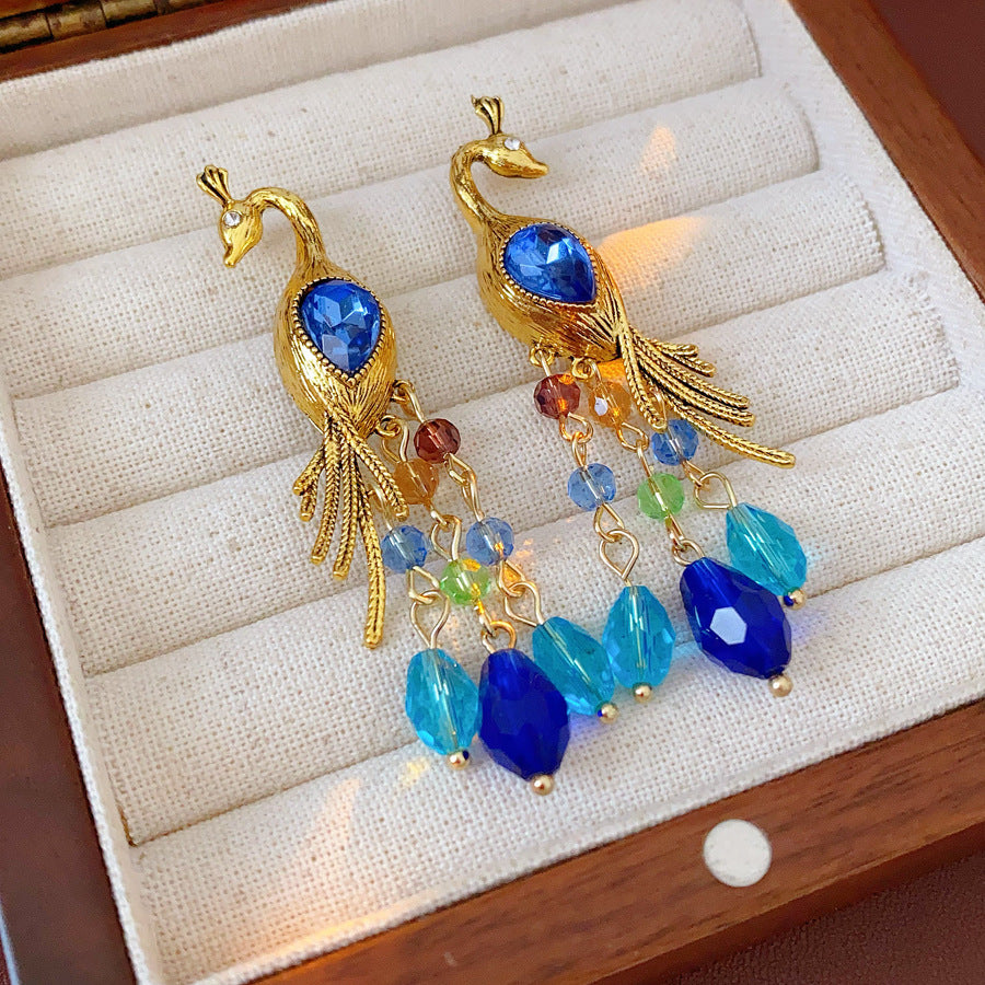 Vintage Blue Peacock Tassel Statement Earring