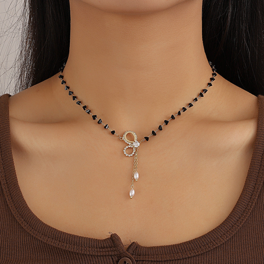 Trillion Crystal Bow Choker Y Necklace with Tassel 