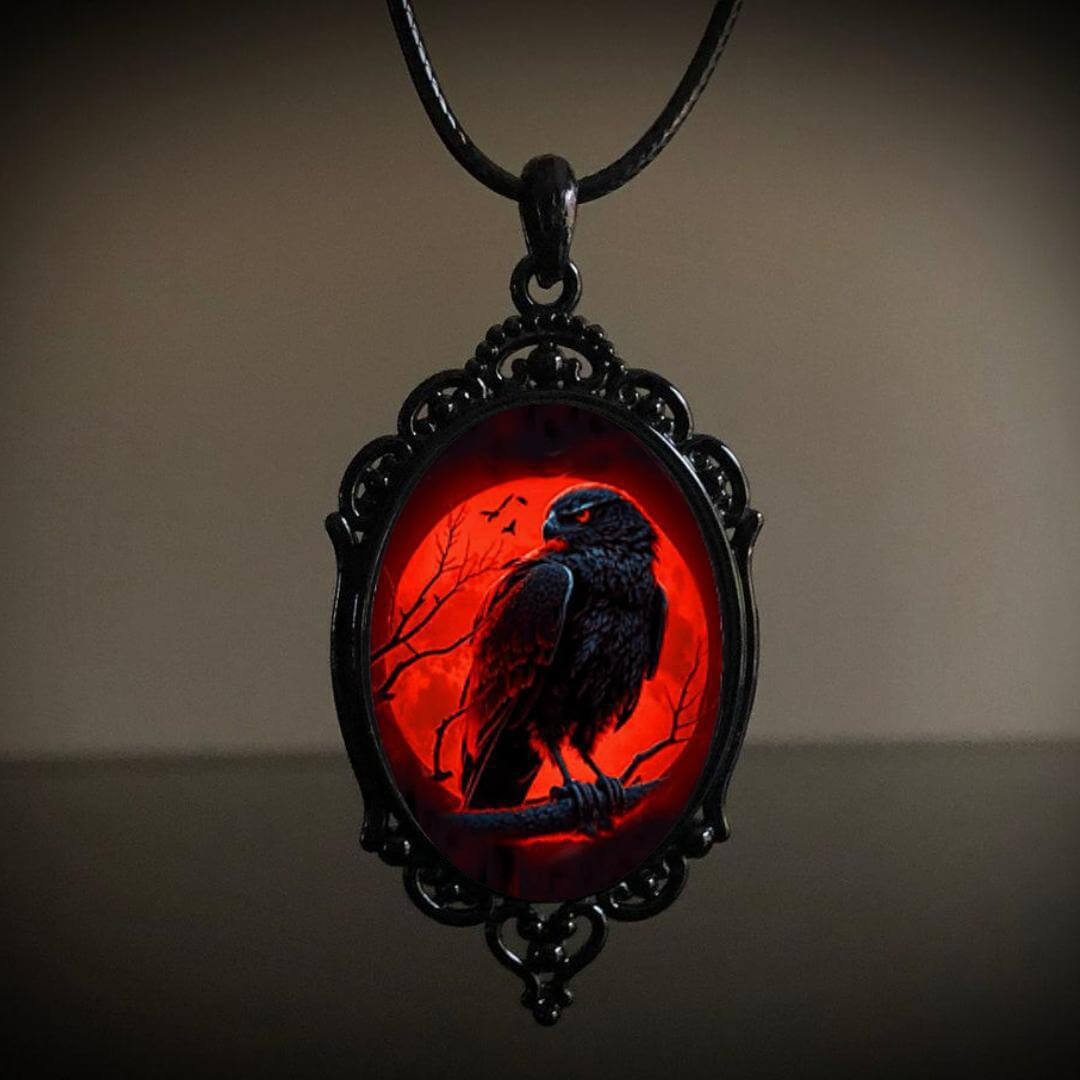 Goth Cross Crow Raven Embossed Halloween Pendant Necklace