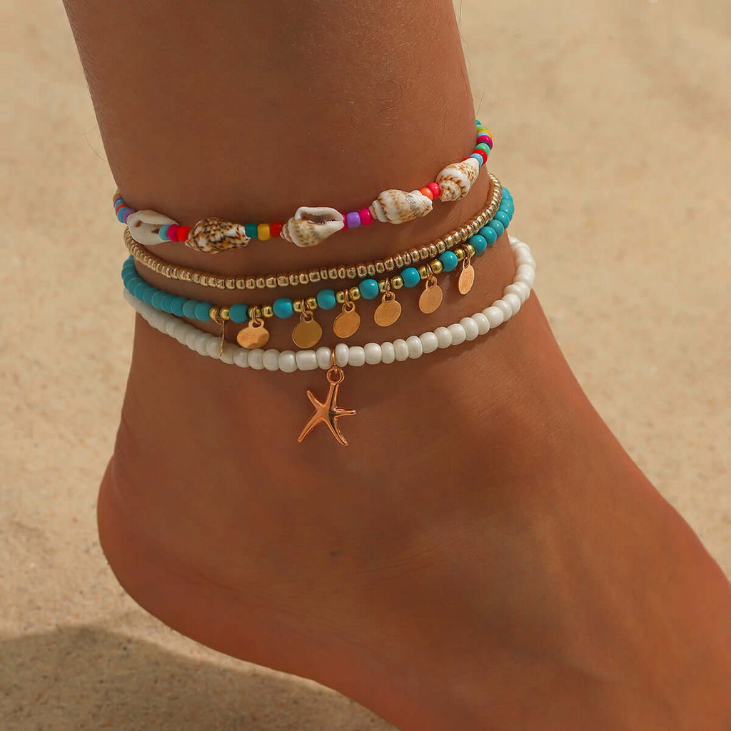 Conch Shell Layered Summer Beach Anklet Set