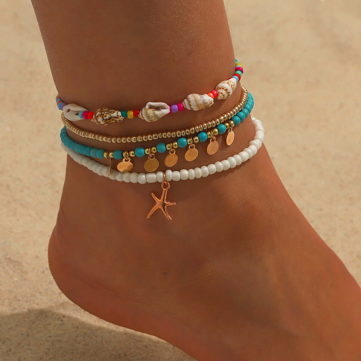 Conch Shell Layered Summer Beach Anklet Set