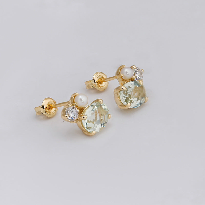 Dainty Green Amethyst Stud Earrings with Pearl