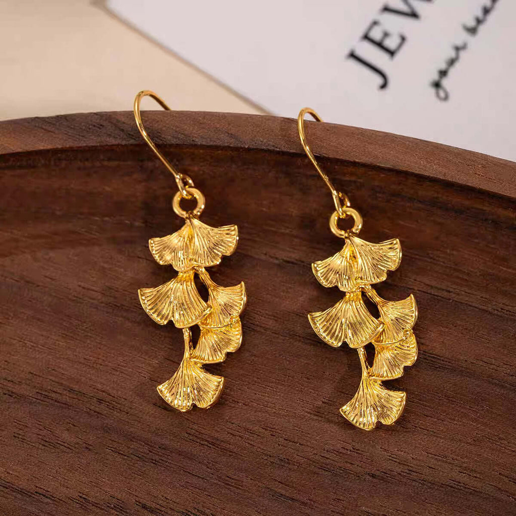 Golden Ginkgo Leaf Dangle Earrings