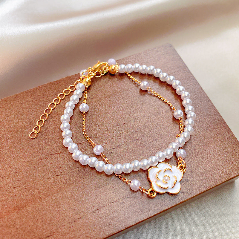 Dainty Camellia Flower Charm Pearl Bracelet 