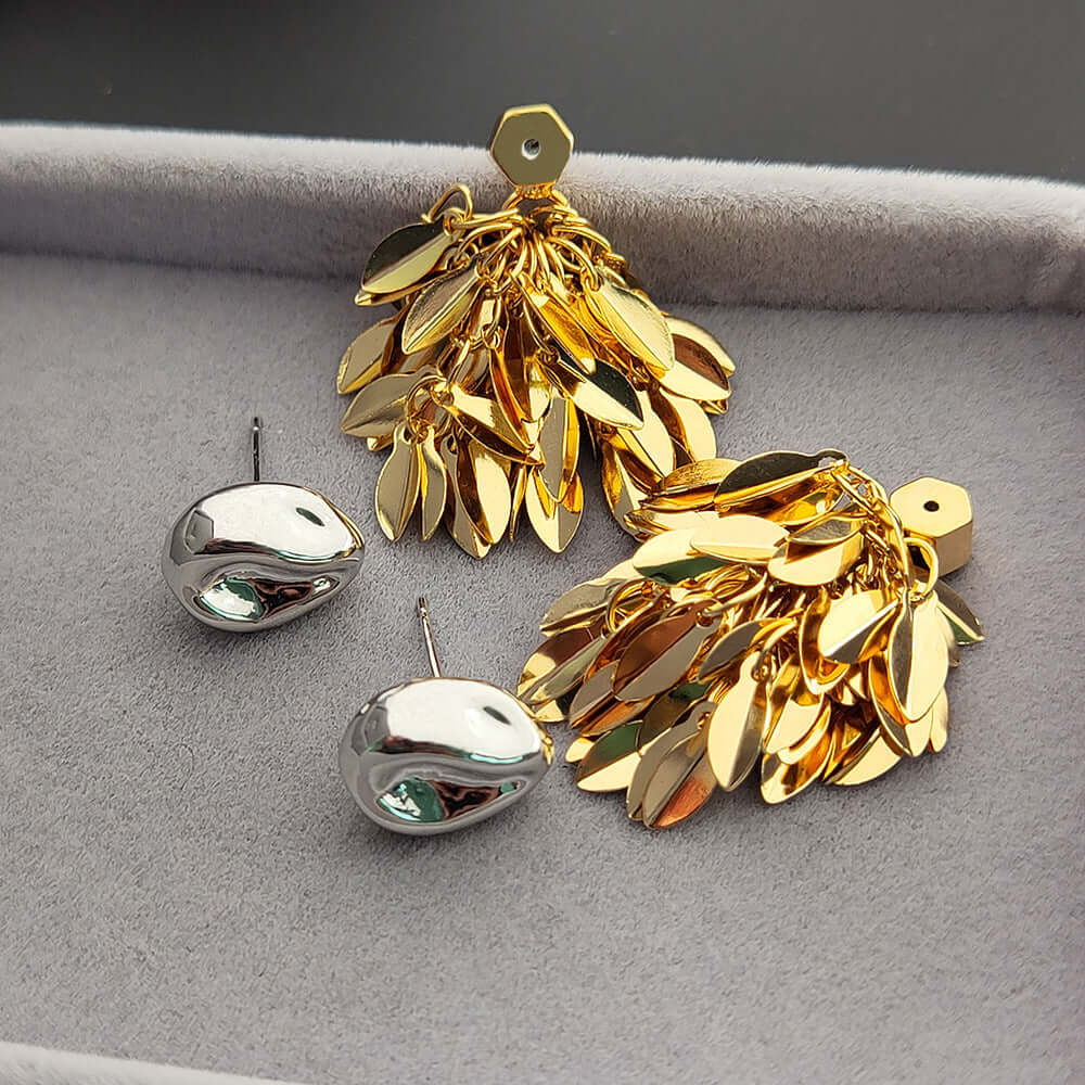 Gold Silver Tones Double Wear Leaf Fringe Earrings Set