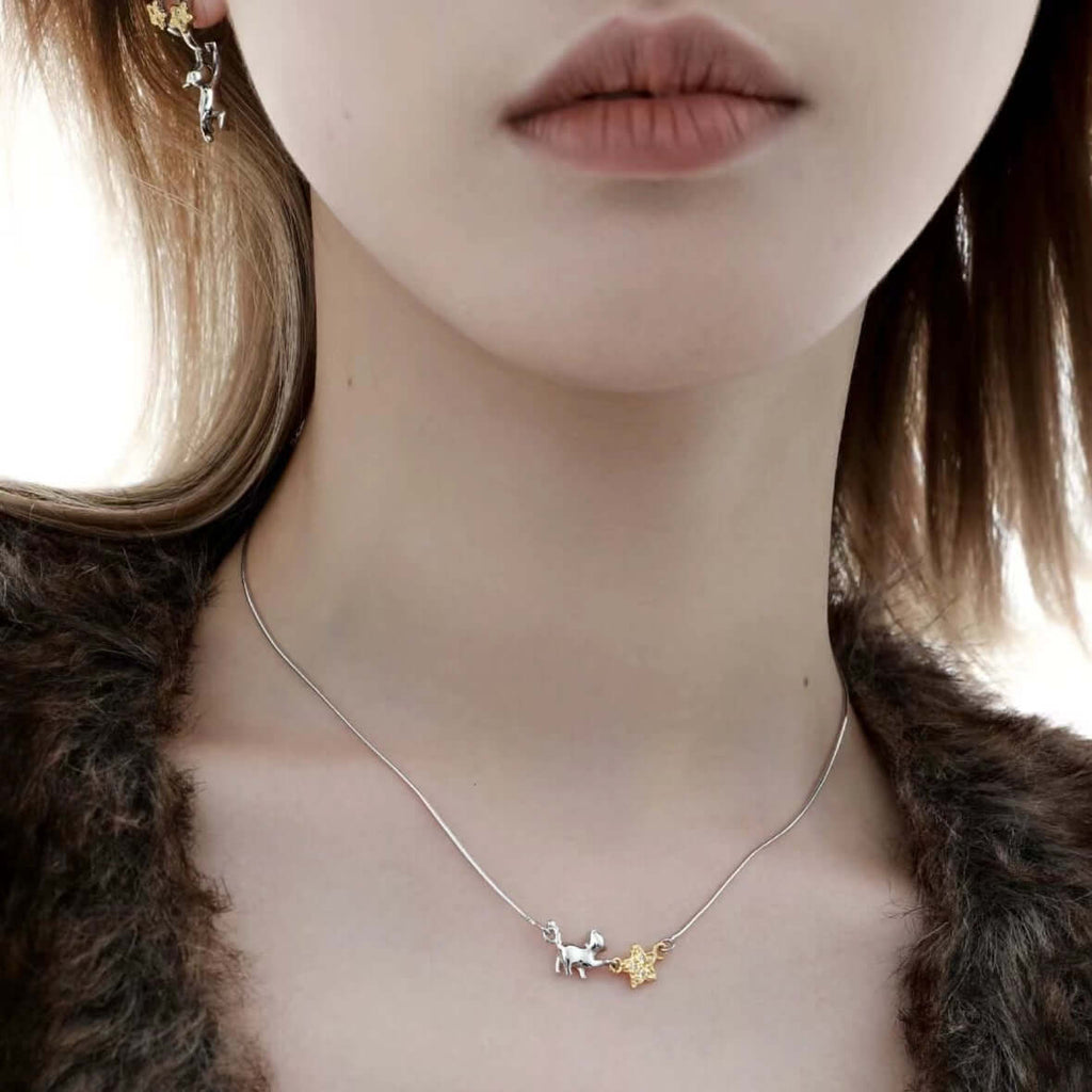 Cat Reaching Star Silver Necklace